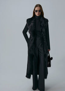 Longline shearling coat in black