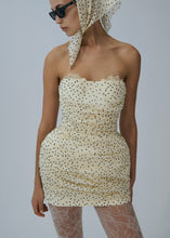 Load image into Gallery viewer, Strapless ruched silk mini dress in cream dots
