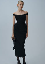 Load image into Gallery viewer, Off-shoulder hip pad midi dress in black
