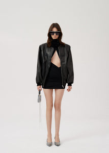 Oversized leather bomber jacket in black