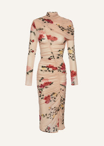 Draped high neck midi dress in beige print
