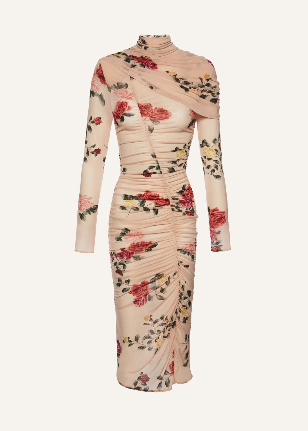 Draped high neck midi dress in beige print
