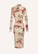 Load image into Gallery viewer, Draped high neck midi dress in beige print

