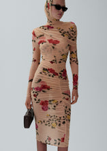 Load image into Gallery viewer, Draped high neck midi dress in beige print
