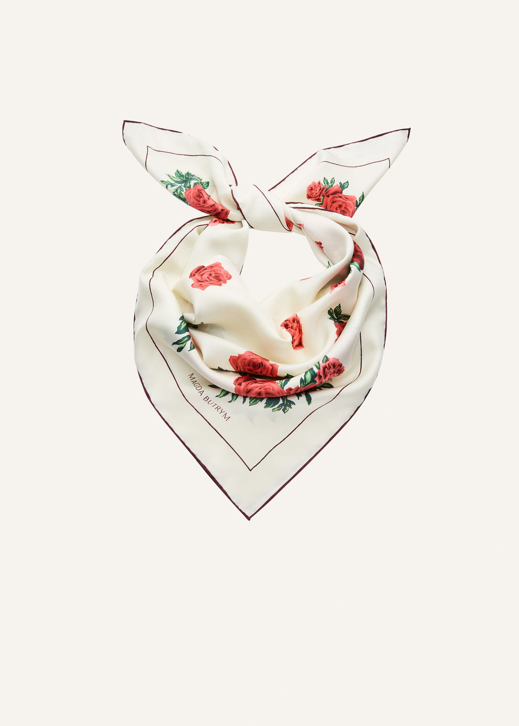 Rose print silk scarf in cream with burgundy trim