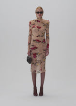 Load and play video in Gallery viewer, Draped high neck midi dress in beige print
