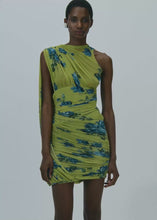 Load and play video in Gallery viewer, Sheer draped mini dress in green print
